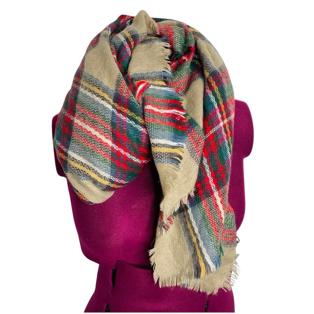 Vintage plaid multicolor blanket scarf fringe detailing perfect for Fall Winter